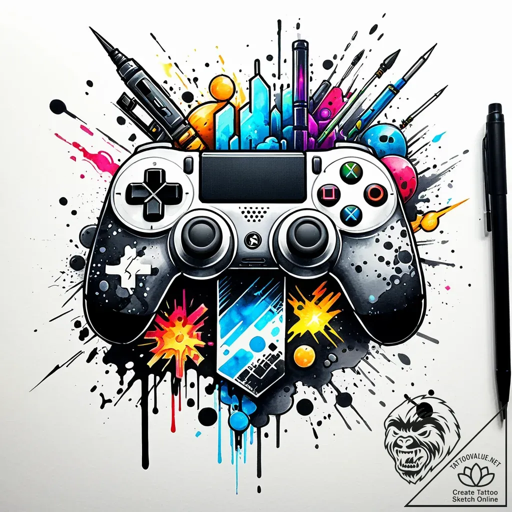 Tat tattoo sketch, gamer’s joystick glowing w... - style Jaeger Simple - tattoo sketch (19.11.2025 18:24)