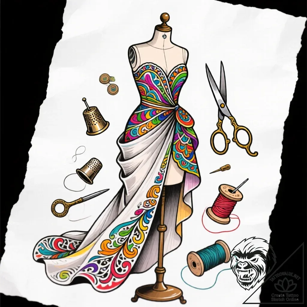 Tat tattoo sketch, fashion designer’s dress f... - style Flux Inscriptions - tattoo sketch (19.11.2025 22:05)