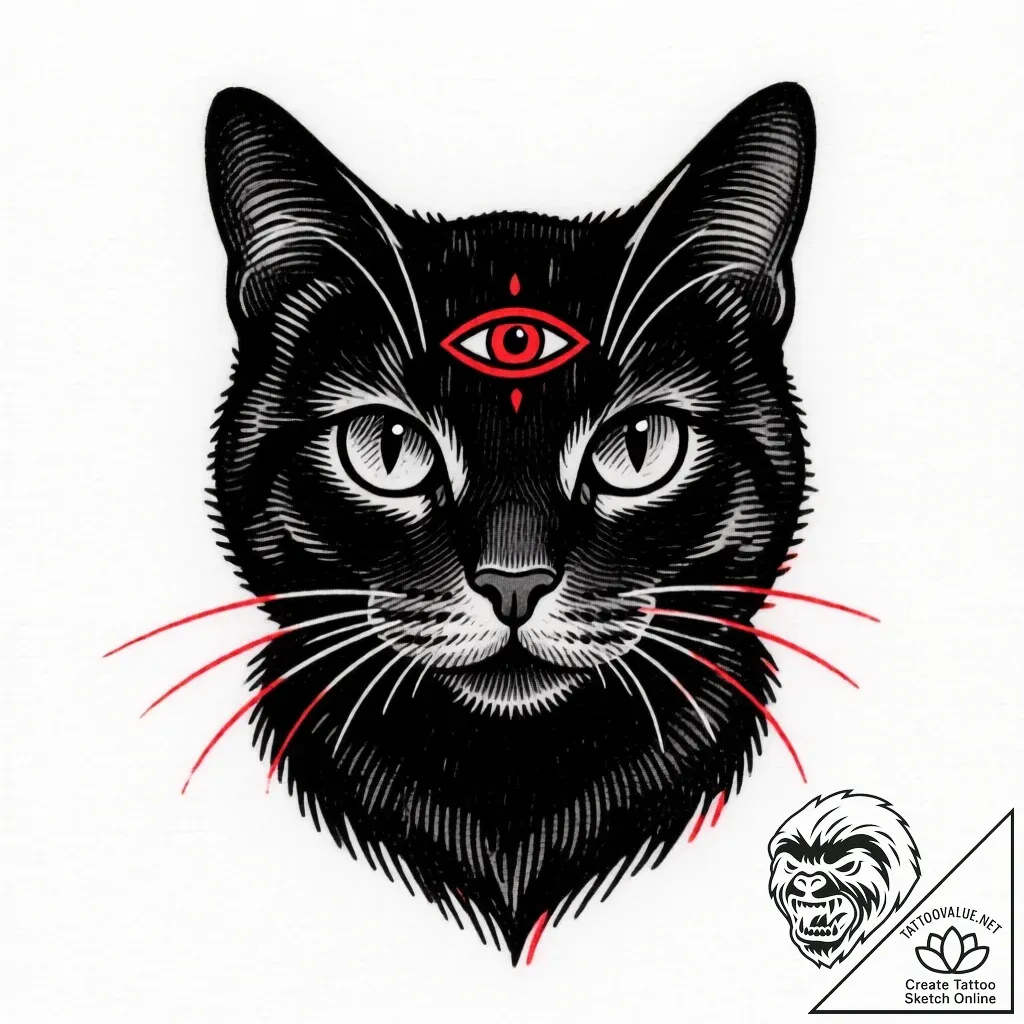 Black cat with third eye, artistic tattoo ske... - style Flux Inscriptions - tattoo sketch (19.11.2025 23:25)
