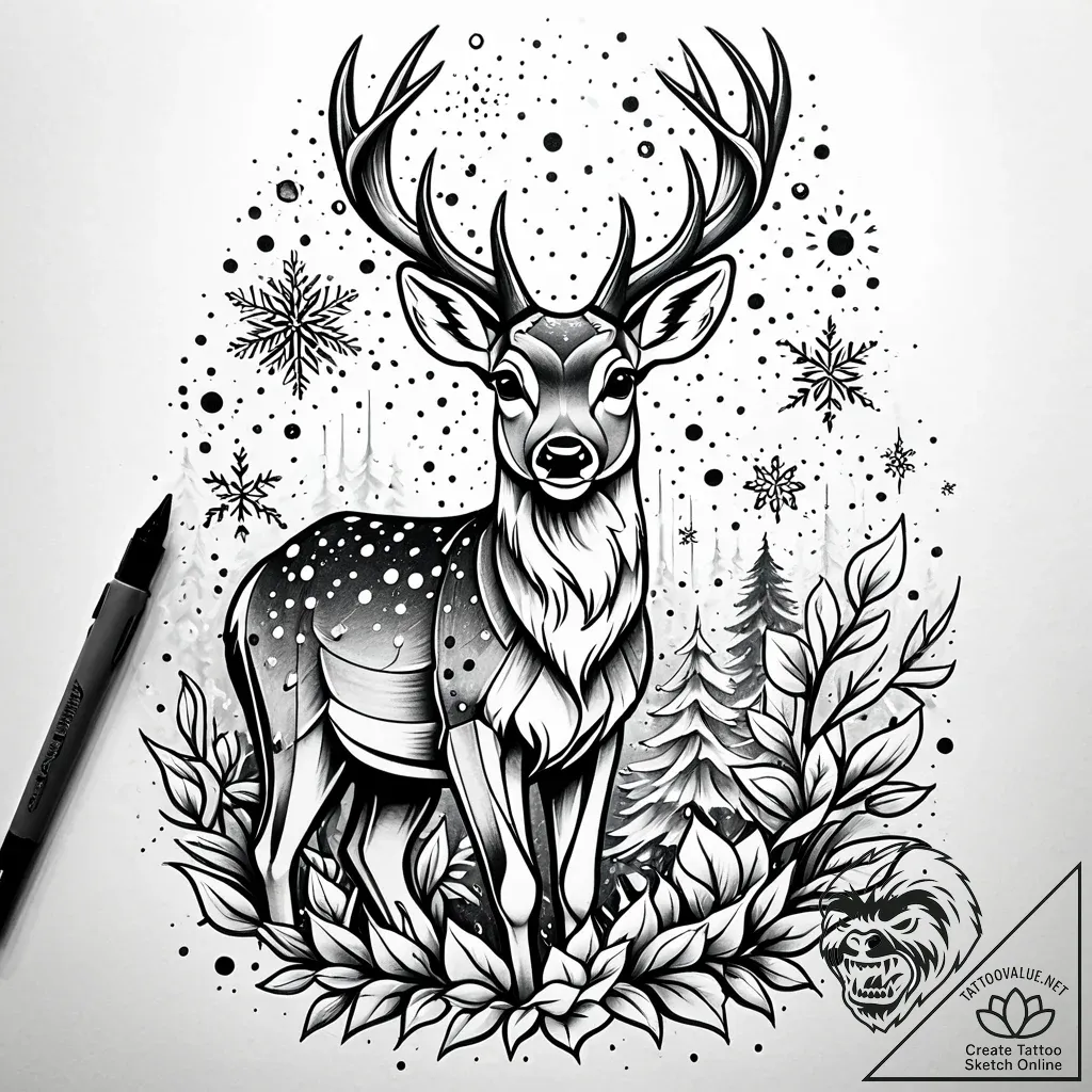 Tattoo sketch, bambi with falling snowflakes,... - style Jaeger Simple - tattoo sketch (20.11.2025 11:44)