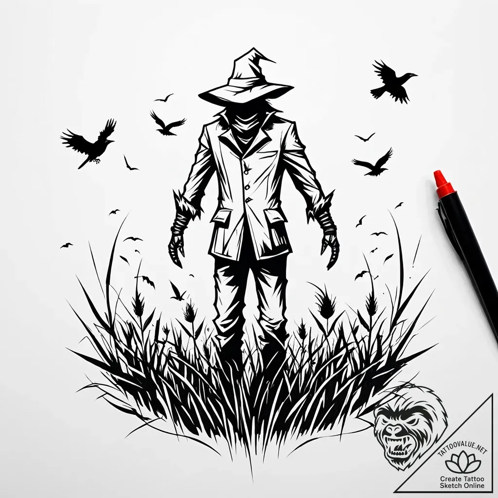 Scarecrow in a field, with crows perched on i... - style Jaeger Simple - tattoo sketch (20.11.2025 13:05)