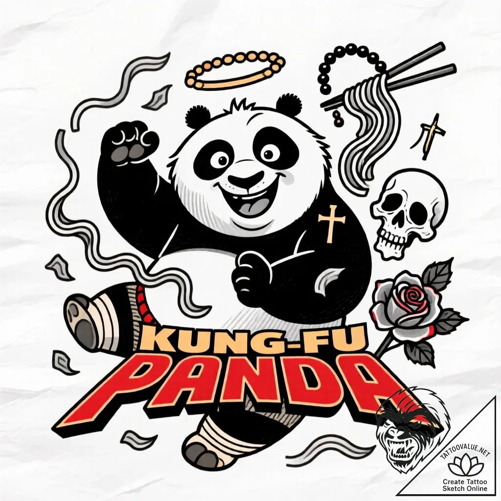 Tattoo sketch, po with big smile and noodles... - style Flux Inscriptions - tattoo sketch (20.11.2025 14:06)