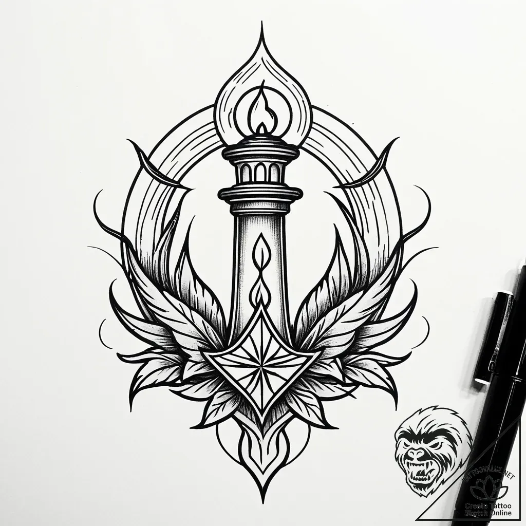 Torch beneath spectral arch, tattoo line art,... - style Jaeger Simple - tattoo sketch (20.11.2025 14:25)