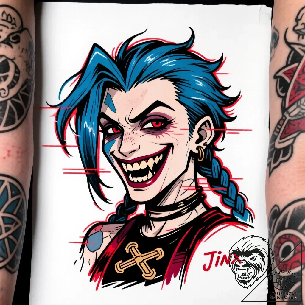 Tat tattoo sketch, jinx with wild blue hair a... - style Flux Inscriptions - tattoo sketch (20.11.2025 21:45)