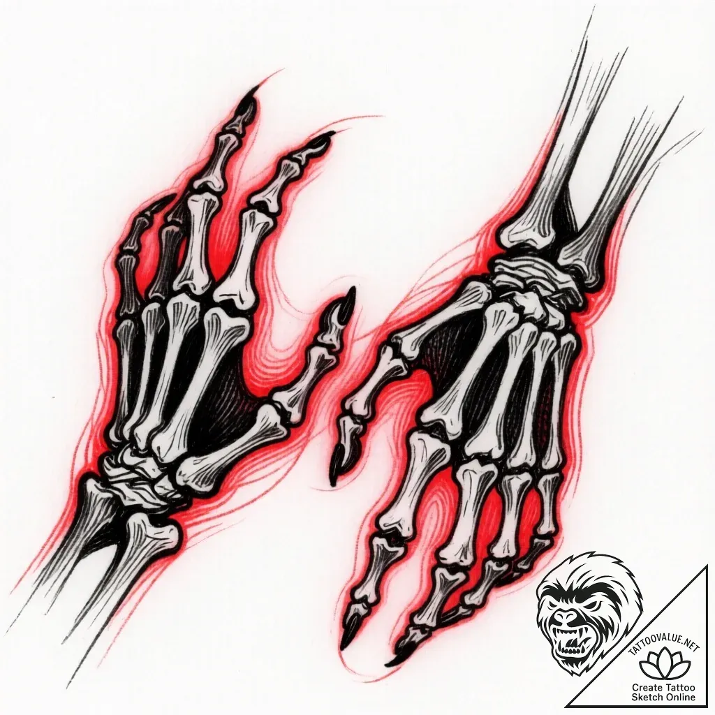 Tattoo sketch, skeleton hands reaching with g... - style Flux Inscriptions - tattoo sketch (21.11.2025 07:05)