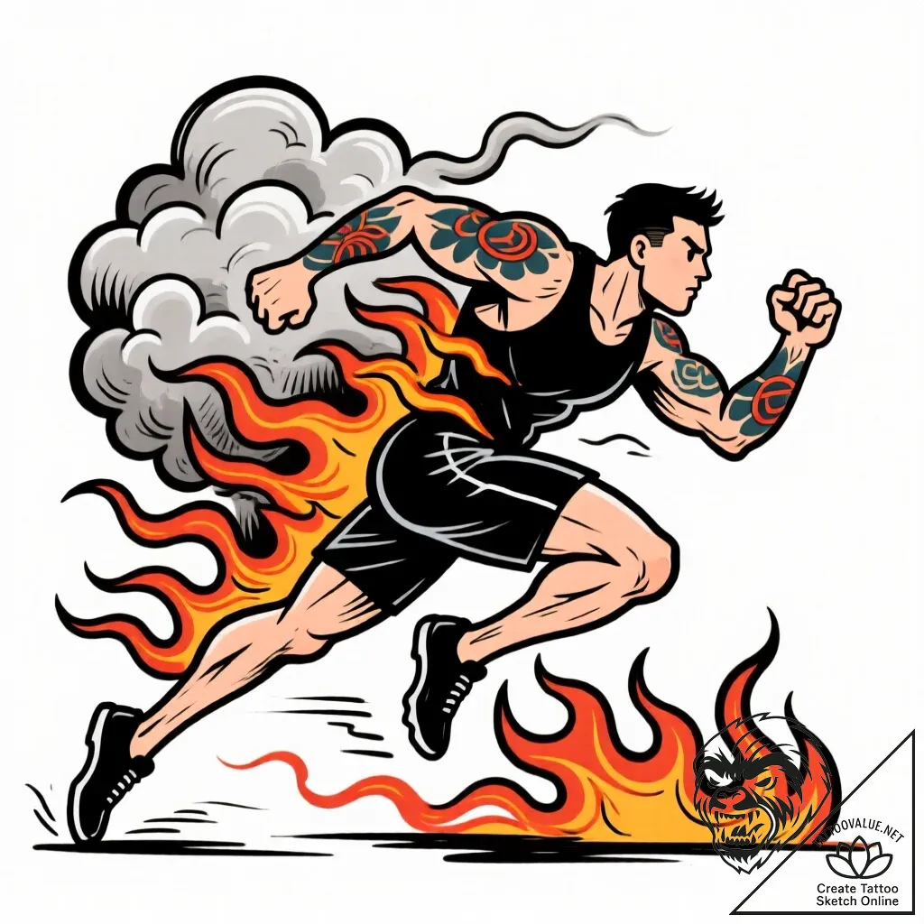 Tat tattoo sketch, athlete running through bu... - style Flux Inscriptions - tattoo sketch (21.11.2025 08:25)