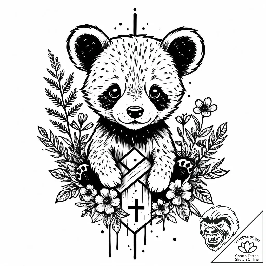 Tattoo sketch, koda playful cub with forest f... - style Jaeger Mini - tattoo sketch (21.11.2025 09:04)