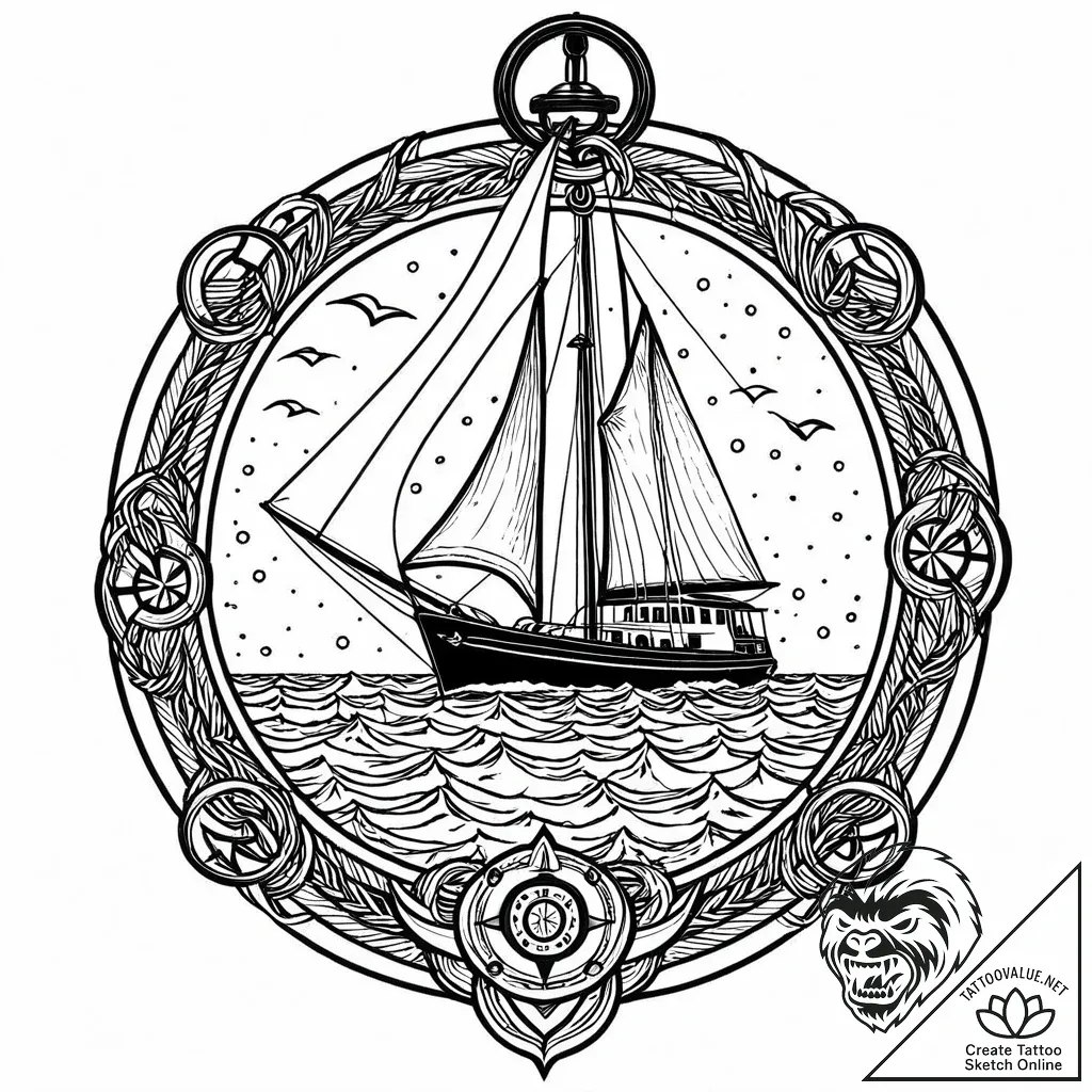 Yacht, sleek and modern, sinking in a perfect... - style Jaeger Mini - tattoo sketch (21.11.2025 10:24)
