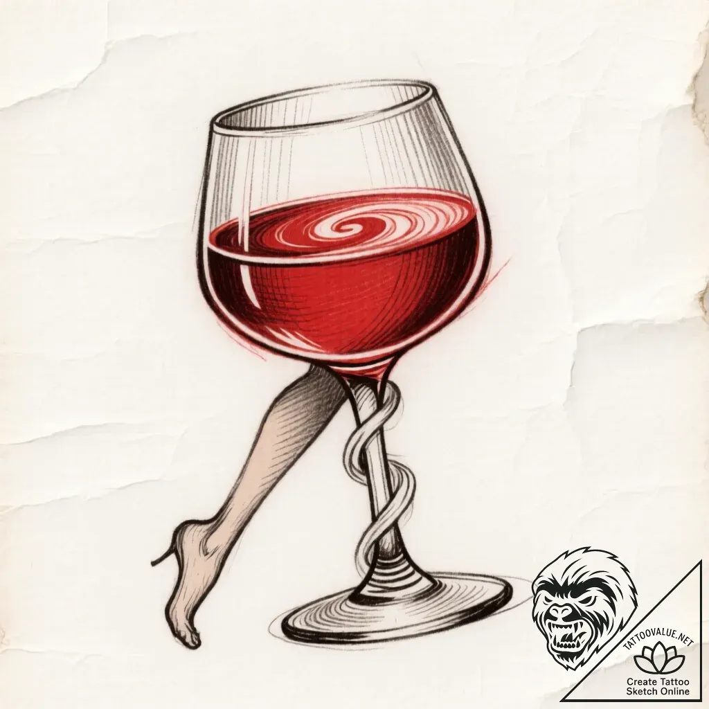 A glass of red wine being swirled, showing th... - style Flux Inscriptions - tattoo sketch (22.11.2025 01:25)