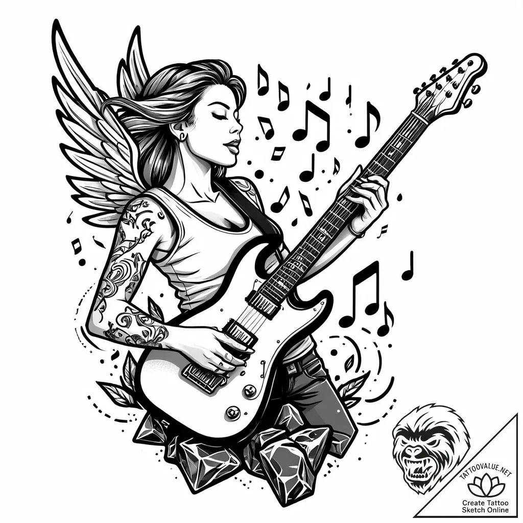 Tattoo sketch, musician playing electric guit... - style Jaeger Mini - tattoo sketch (22.11.2025 23:05)