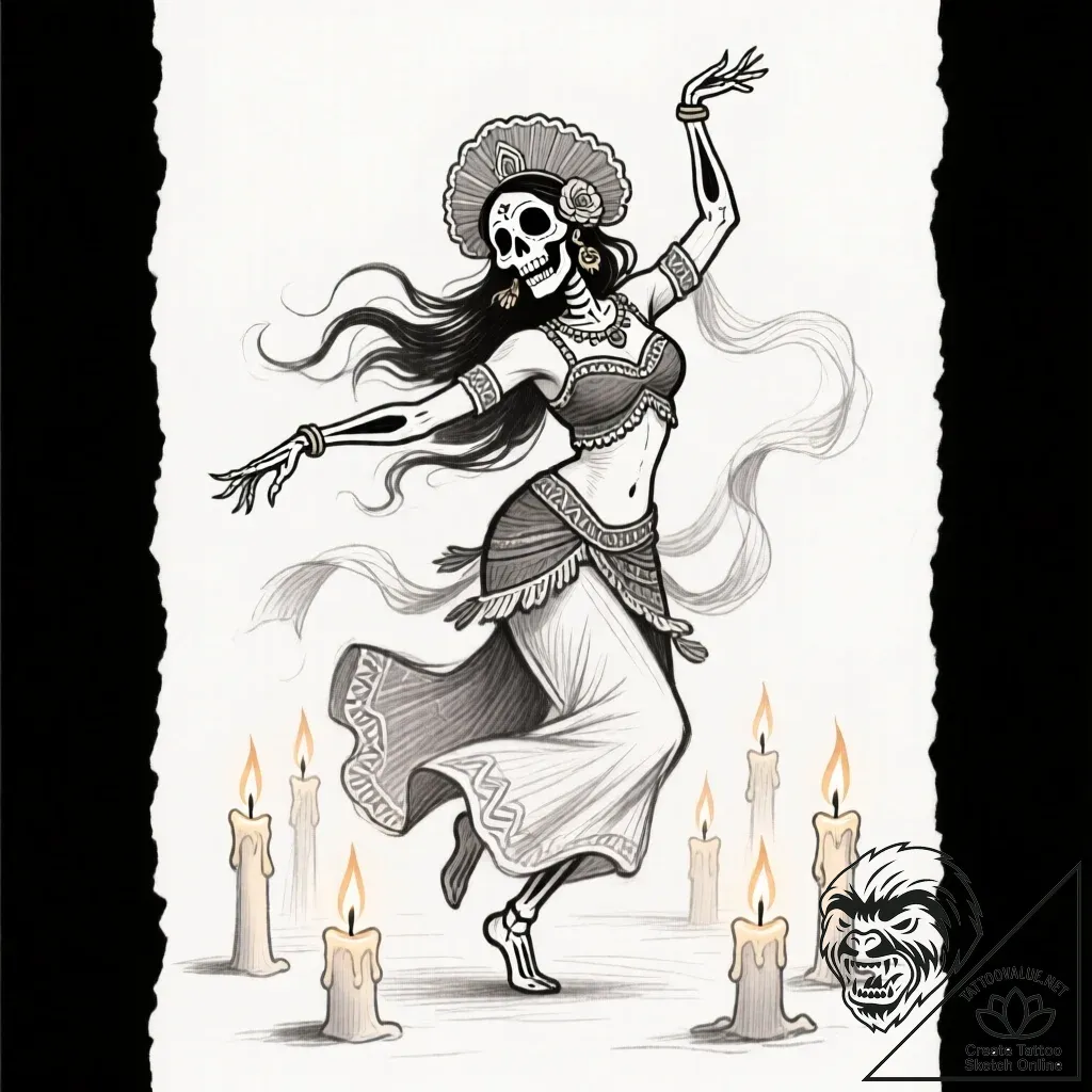 Tat tattoo sketch, la muerte dancing with can... - style Flux Inscriptions - tattoo sketch (23.11.2025 01:05)