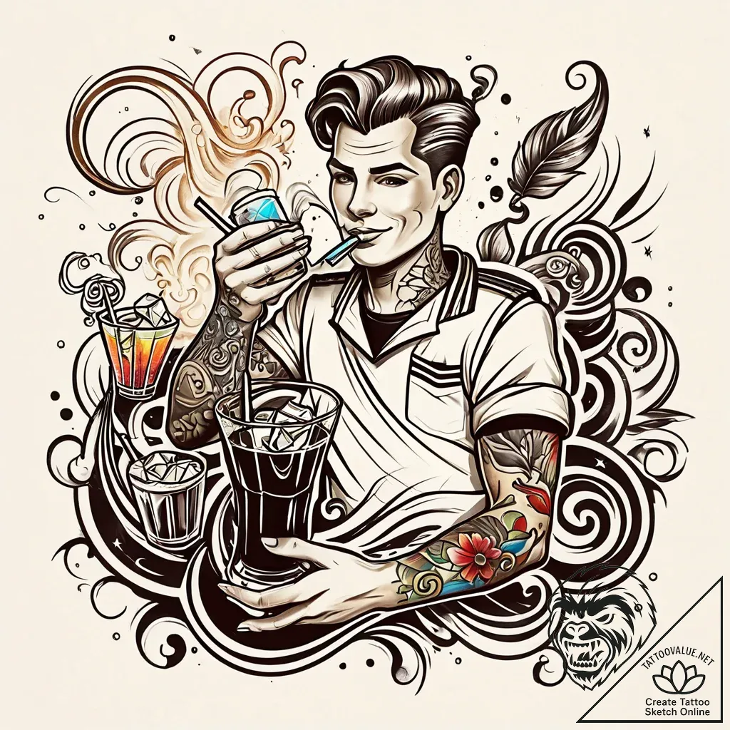Tat tattoo sketch, bartender’s hand mixing co... - style Jaeger Simple - tattoo sketch (23.11.2025 01:25)