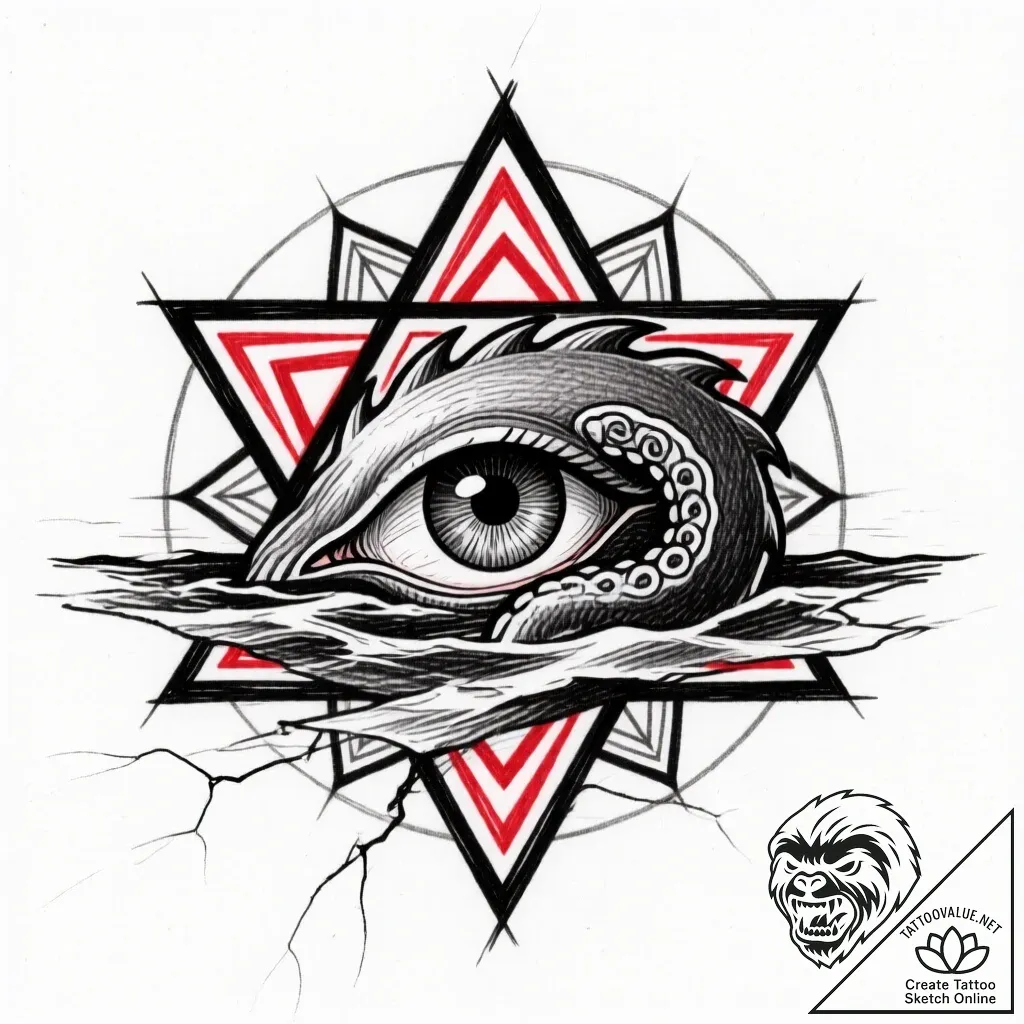 Kraken eye beneath frozen sea, tattoo drawing... - style Flux Inscriptions - tattoo sketch (23.11.2025 05:05)