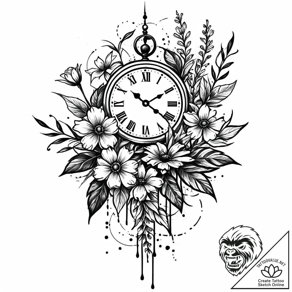 Clock hands made of wilting flower stems, tat... - style Jaeger Mini - tattoo sketch (23.11.2025 05:44)