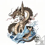 Glacial serpent beneath shattered spire, tatt… – style Flux Inscriptions – tattoo sketch (23.11.2025 06:25)