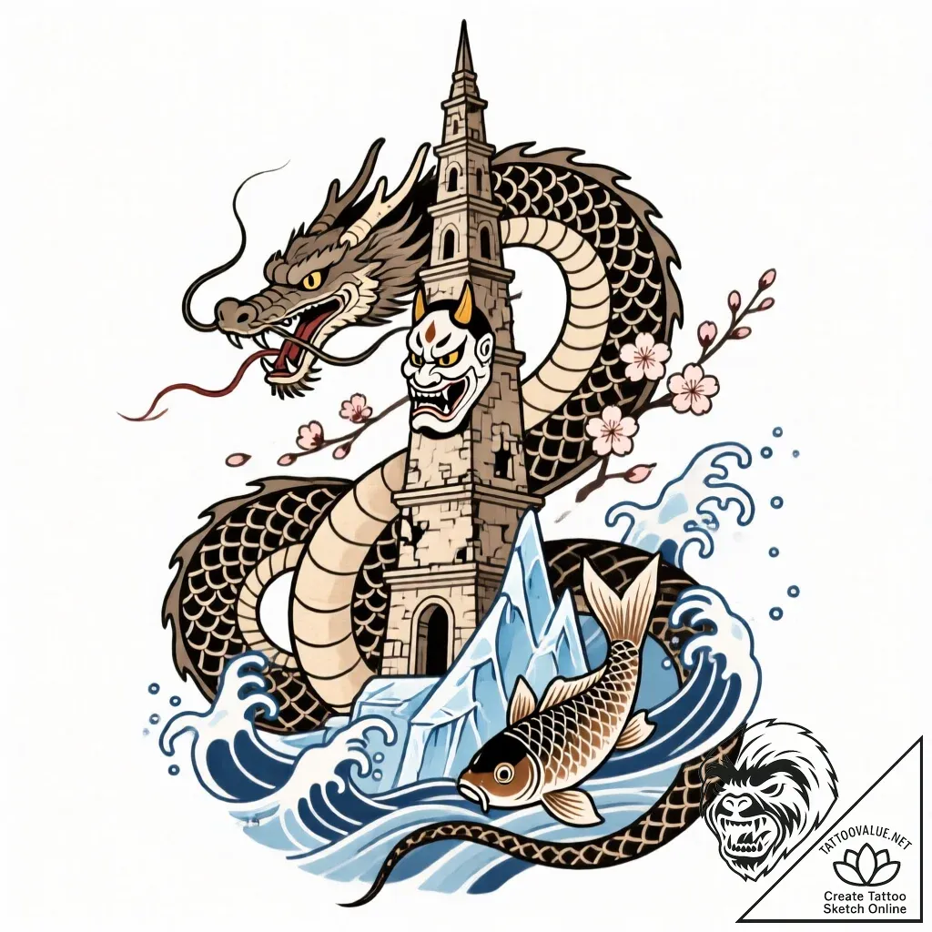 Glacial serpent beneath shattered spire, tatt... - style Flux Inscriptions - tattoo sketch (23.11.2025 06:25)