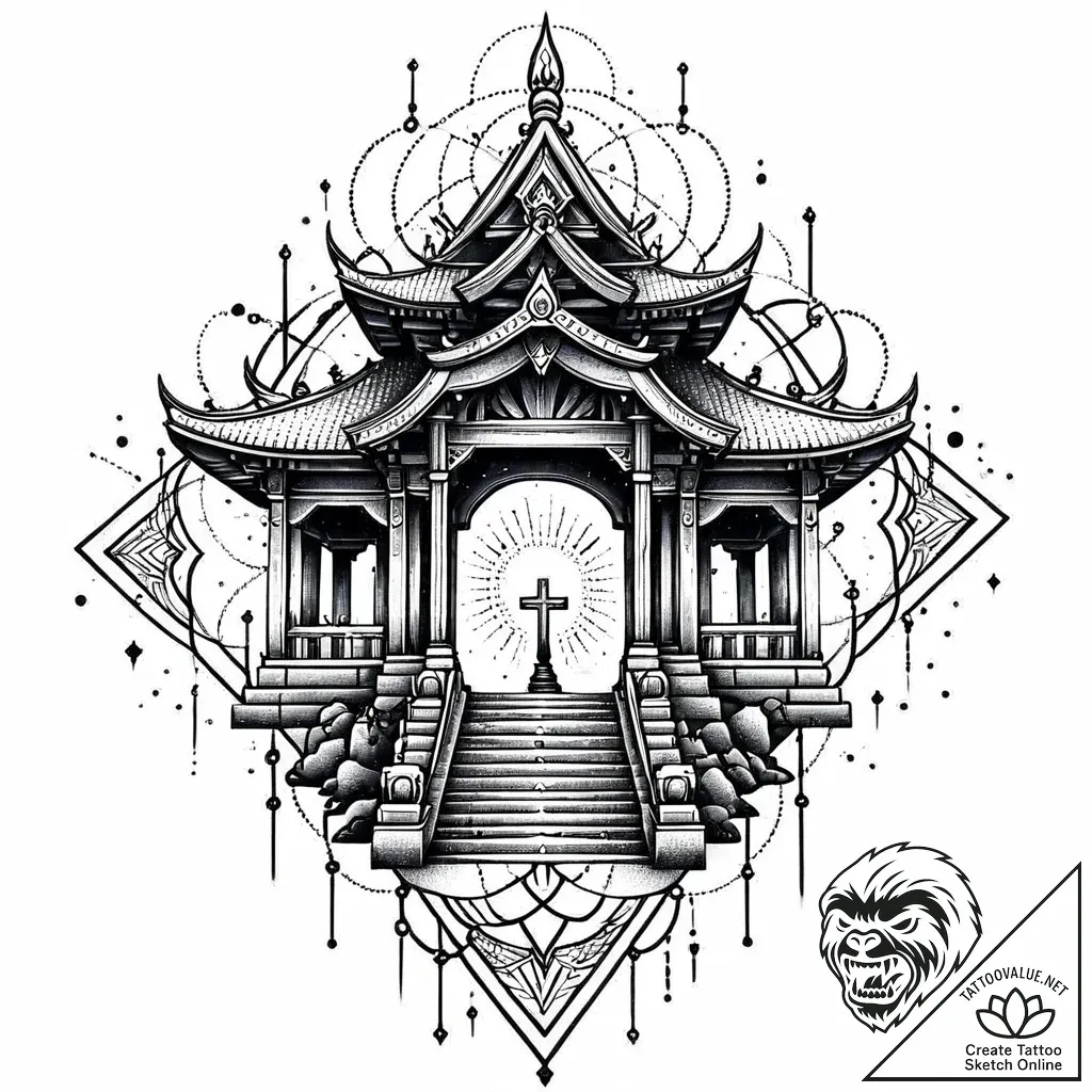 Temple gate beneath spectral rift, tattoo dra... - style Jaeger Mini - tattoo sketch (23.11.2025 07:04)