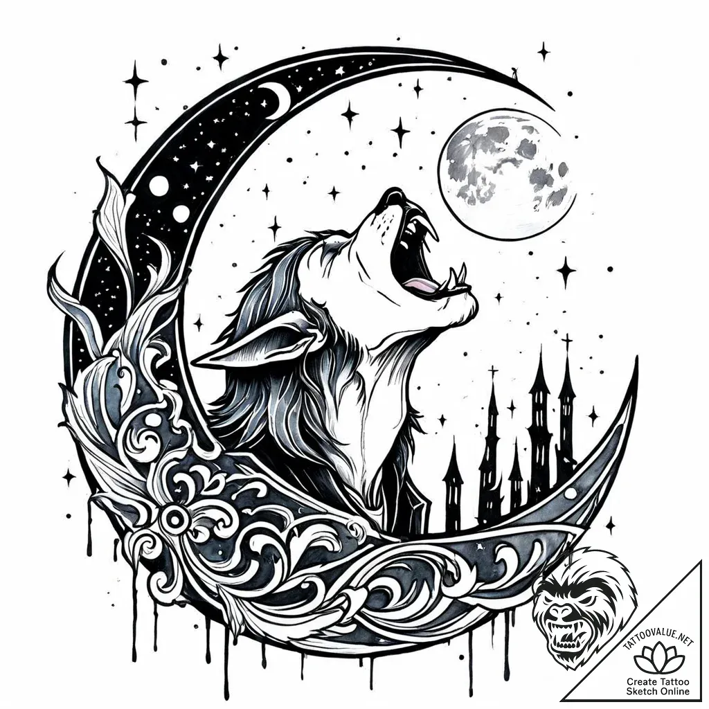Tattoo sketch, dante howling at moon with mys... - style Jaeger Mini - tattoo sketch (23.11.2025 17:45)