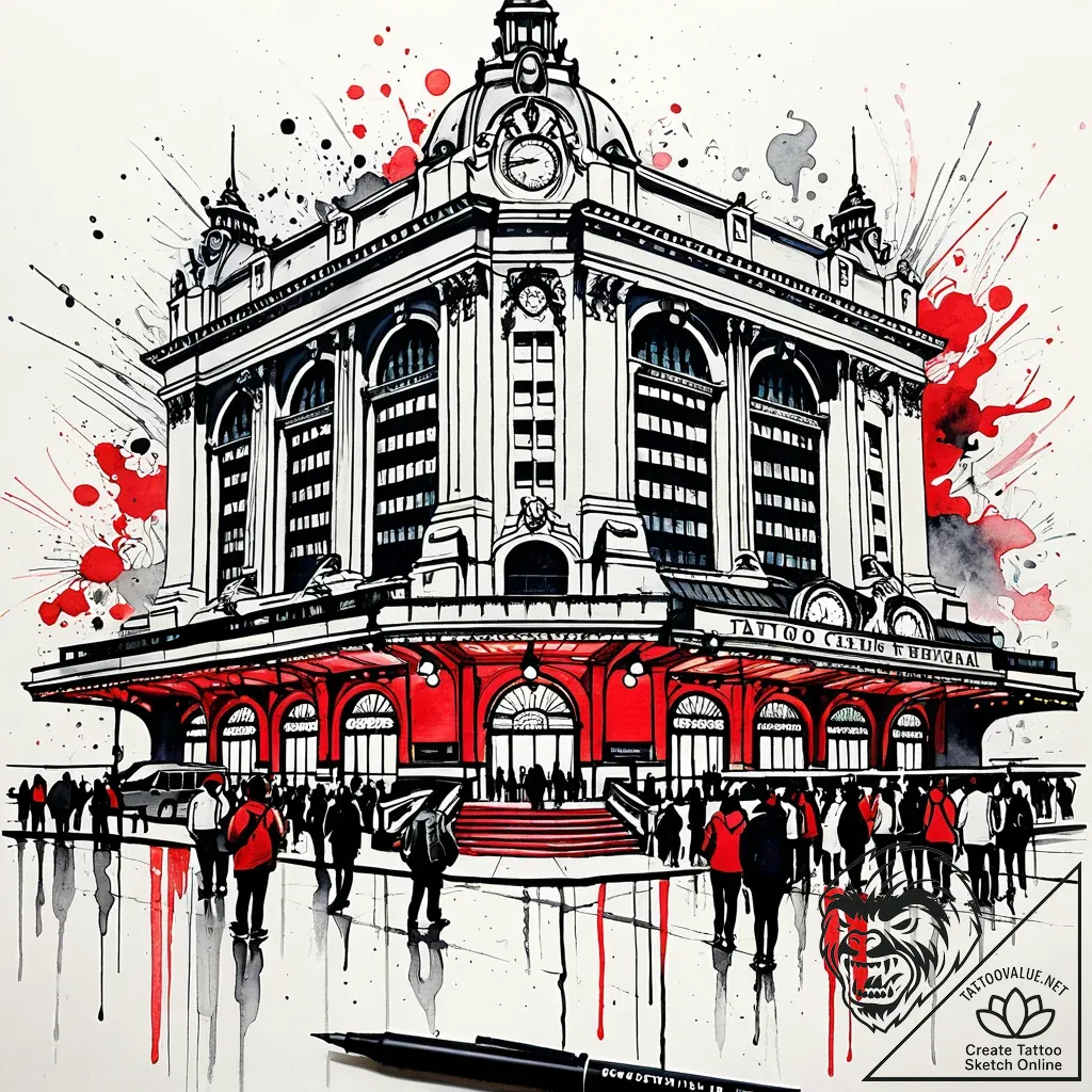 A crowded platform in a grand, old train stat... - style Jaeger Simple - tattoo sketch (23.11.2025 18:25)