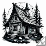 A tattoo design of baba yaga’s hut on chicken… – style Jaeger Simple – tattoo sketch (23.11.2025 21:04)