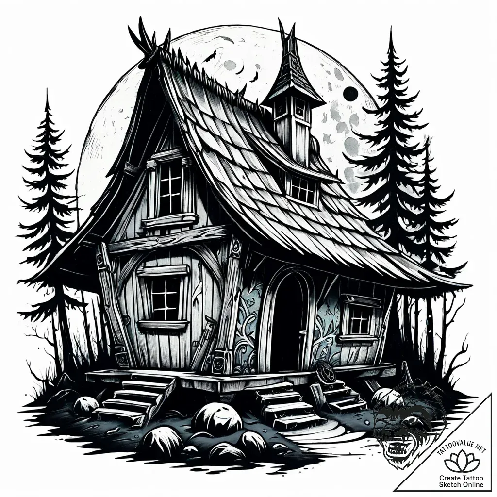 A tattoo design of baba yaga's hut on chicken... - style Jaeger Simple - tattoo sketch (23.11.2025 21:04)