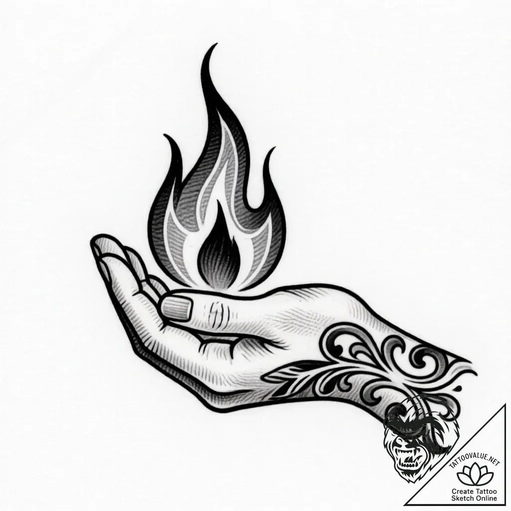 Tattoo sketch a hand protecting a flame, symb... - style Flux Inscriptions - tattoo sketch (23.11.2025 22:05)