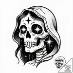Tat tattoo sketch, la muerte with glowing eye… – style Flux Inscriptions – tattoo sketch (23.11.2025 22:34)