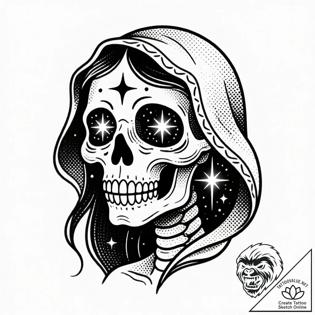 Tat tattoo sketch, la muerte with glowing eye... - style Flux Inscriptions - tattoo sketch (23.11.2025 22:34)