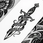 Olive leaves entwining dagger, ink illustrati… – style Flux Inscriptions – tattoo sketch (23.11.2025 22:58)