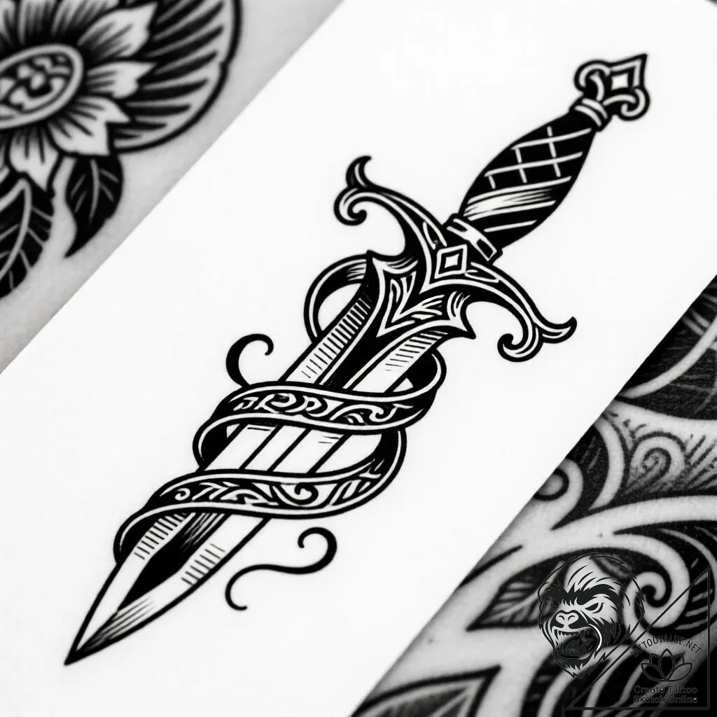 Olive leaves entwining dagger, ink illustrati... - style Flux Inscriptions - tattoo sketch (23.11.2025 22:58)
