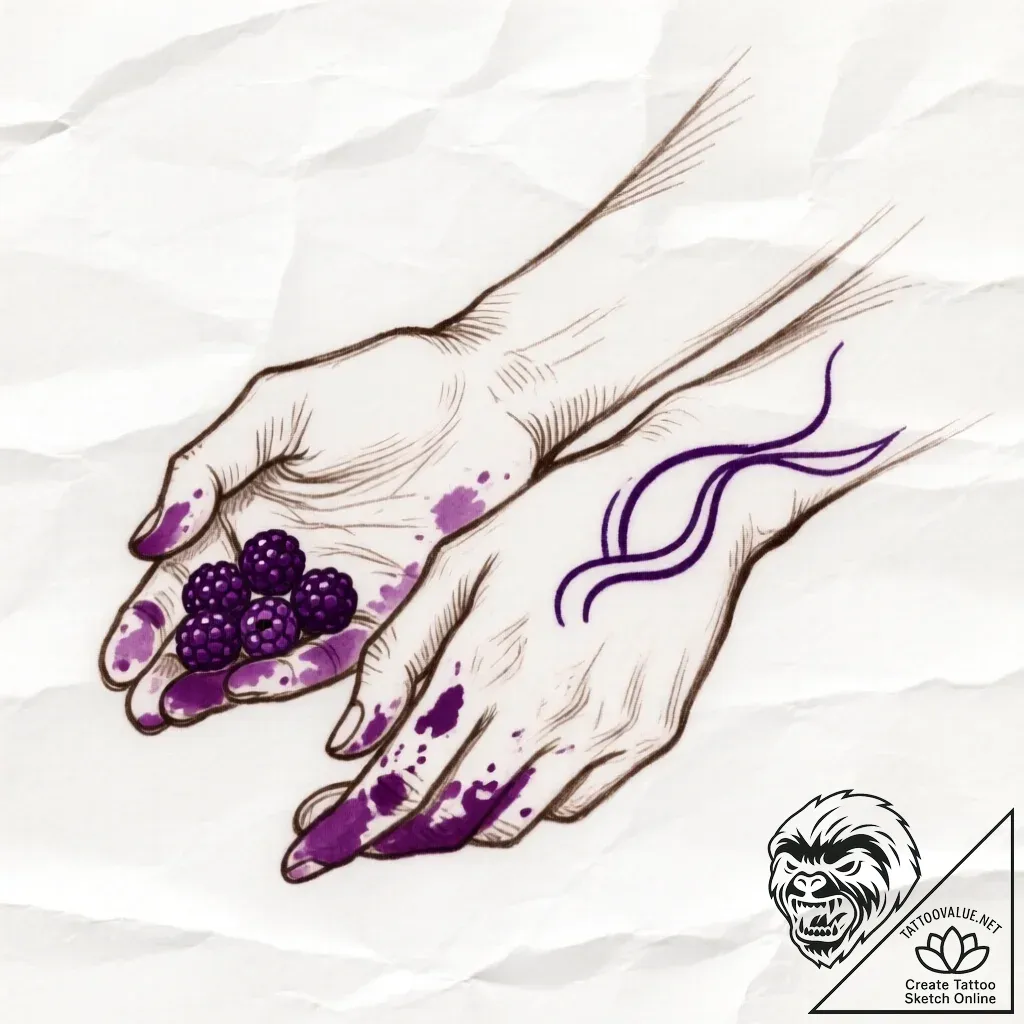 A person's hands, stained with berry juice af... - style Flux Inscriptions - tattoo sketch (23.11.2025 23:22)