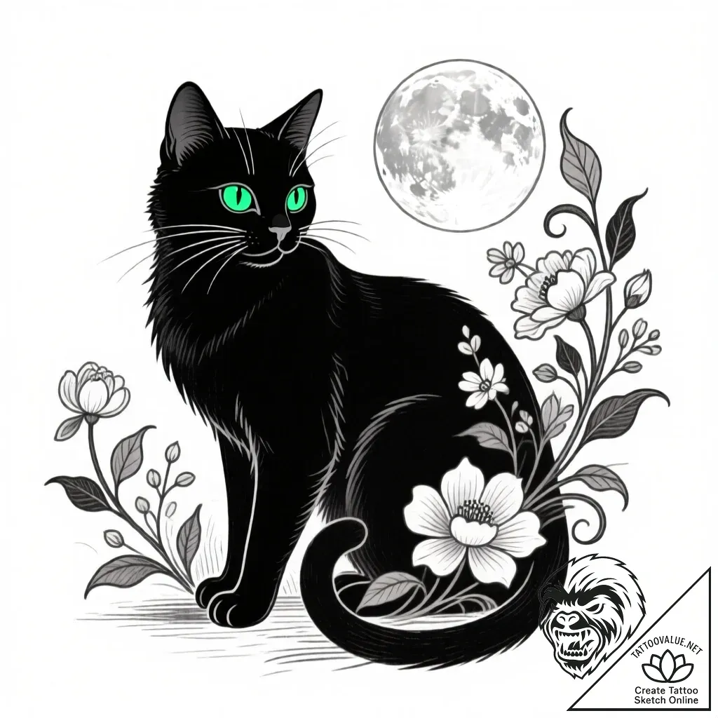 Tattoo sketch, sleek black cat with emerald e... - style Flux Inscriptions - tattoo sketch (23.11.2025 23:46)