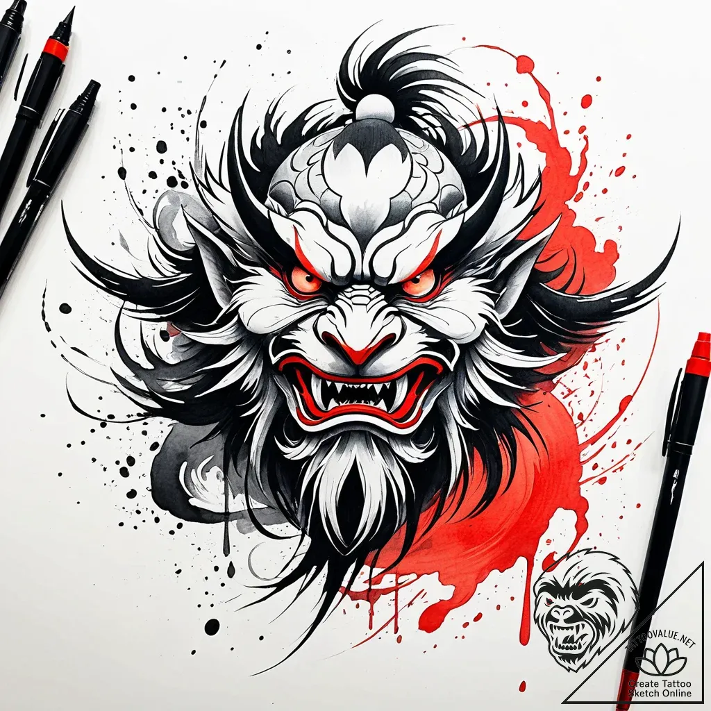 Tengu, concept art for tattoo, black and red... - style Jaeger Simple - tattoo sketch (23.11.2025 23:49)