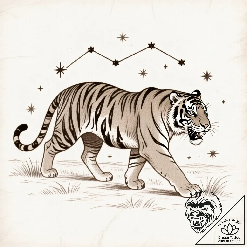 Astral tiger prowling stars, tattoo flash she... - style Flux Inscriptions - tattoo sketch (23.11.2025 23:58)