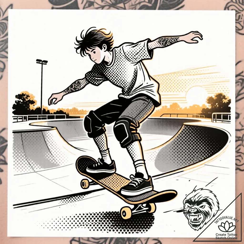 A teenager skateboarding at a skate park duri... - style Flux Inscriptions - tattoo sketch (24.11.2025 00:10)