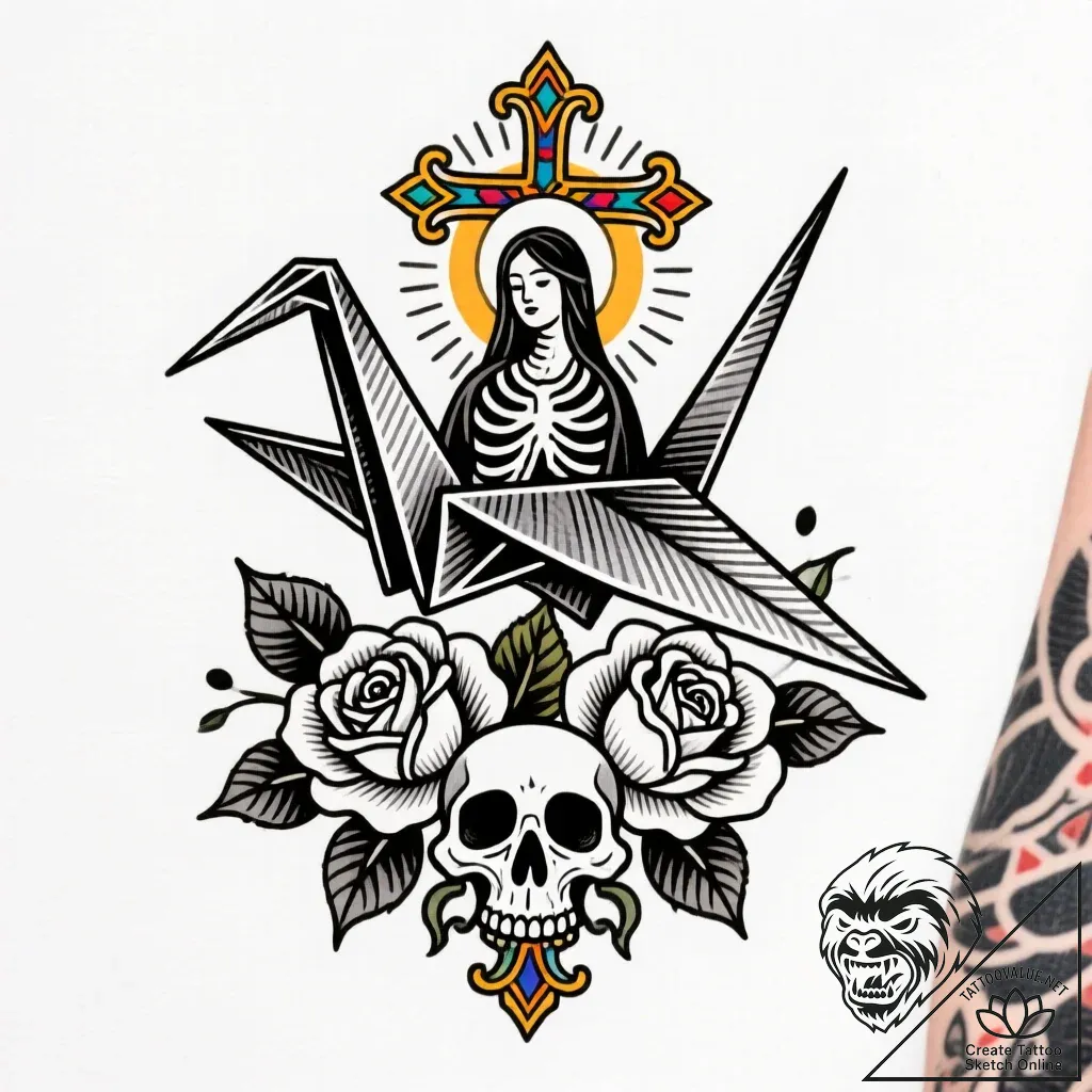 Origami crane, tattoo drawing outline, on a c... - style Flux Inscriptions - tattoo sketch (24.11.2025 02:10)