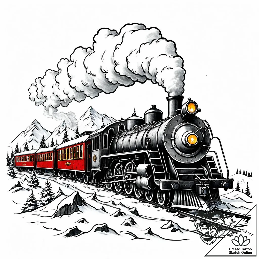 Tattoo sketch, polar express train steaming t... - style Jaeger Mini - tattoo sketch (24.11.2025 02:51)
