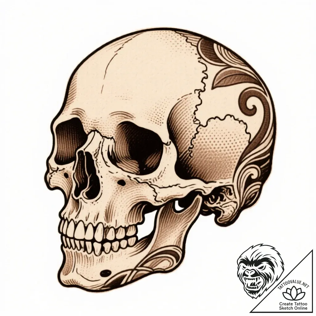 череп, ink illustration for tattoo, sepia ton... - style Flux Inscriptions - tattoo sketch (24.11.2025 03:10)