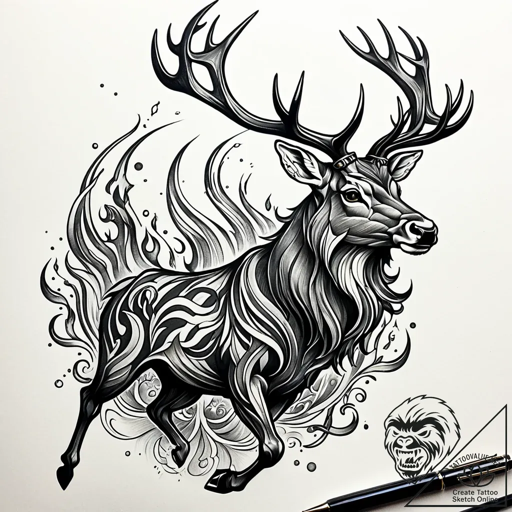 Burning stag racing through void, tattoo sket... - style Jaeger Simple - tattoo sketch (24.11.2025 03:12)