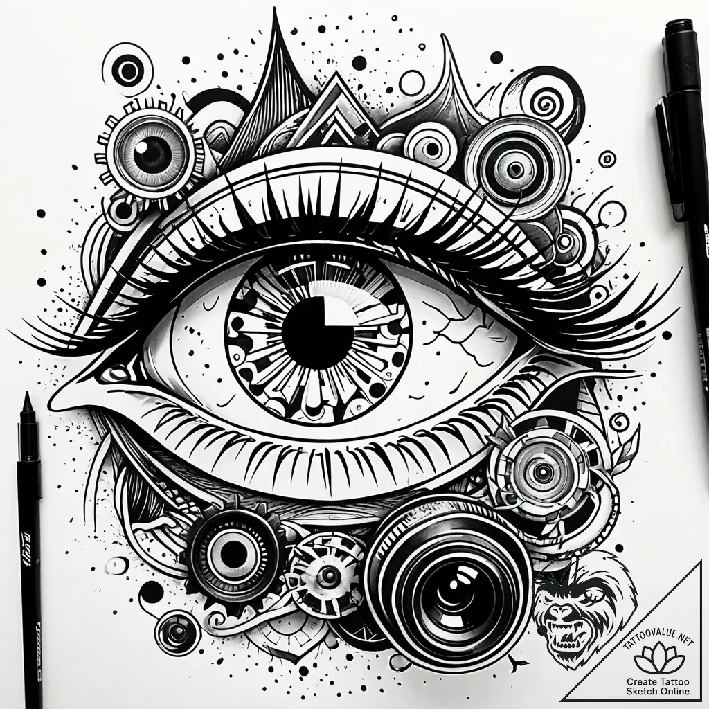 Human eye with a camera shutter iris, tattoo... - style Jaeger Simple - tattoo sketch (24.11.2025 04:01)