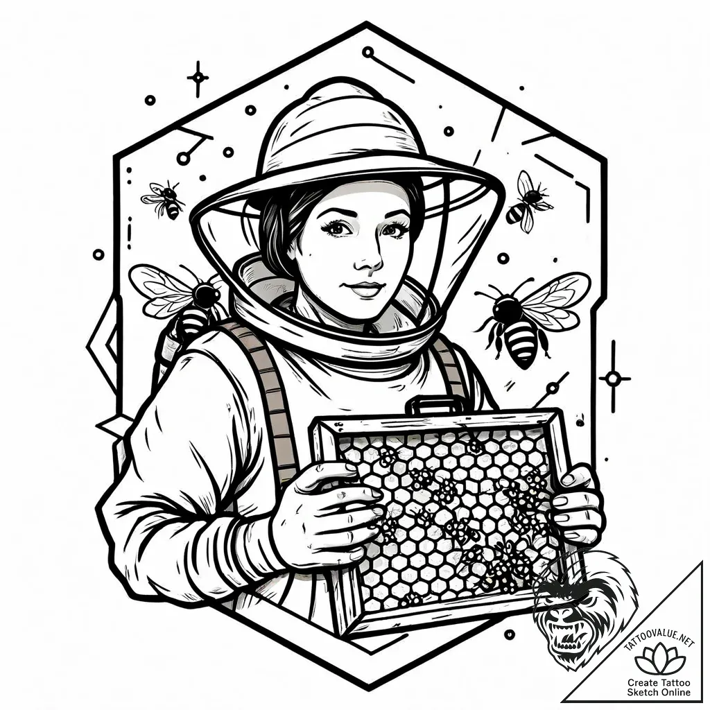 A portrait of a beekeeper holding a frame swa... - style Jaeger Mini - tattoo sketch (24.11.2025 04:04)