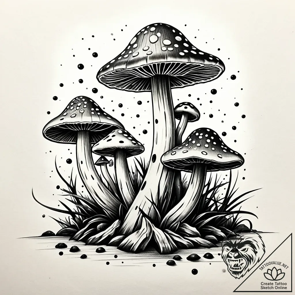 Bioluminescent mushrooms on a log, tattoo ske... - style Jaeger Simple - tattoo sketch (24.11.2025 04:13)
