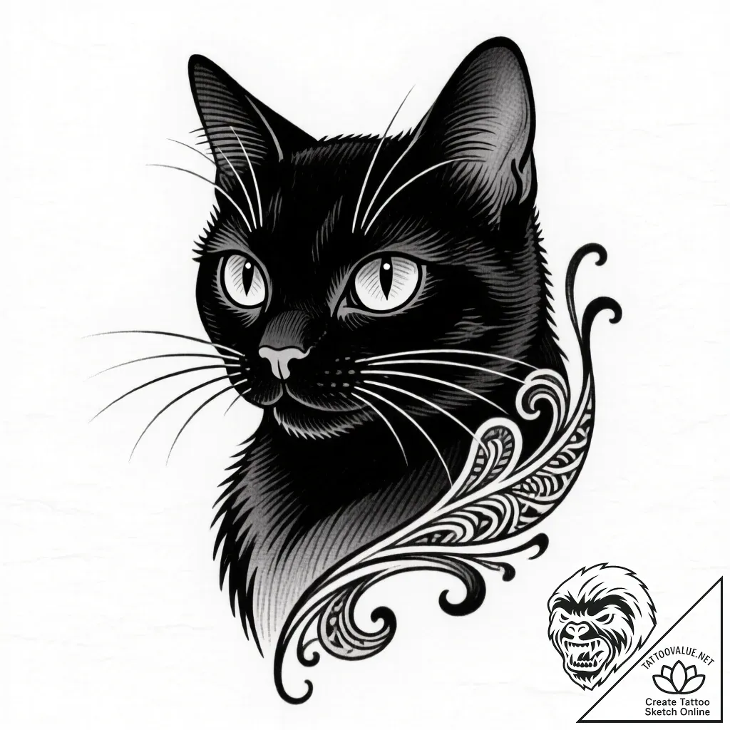 Tattoo sketch a stylized black cat, alluring... - style Flux Inscriptions - tattoo sketch (24.11.2025 04:22)