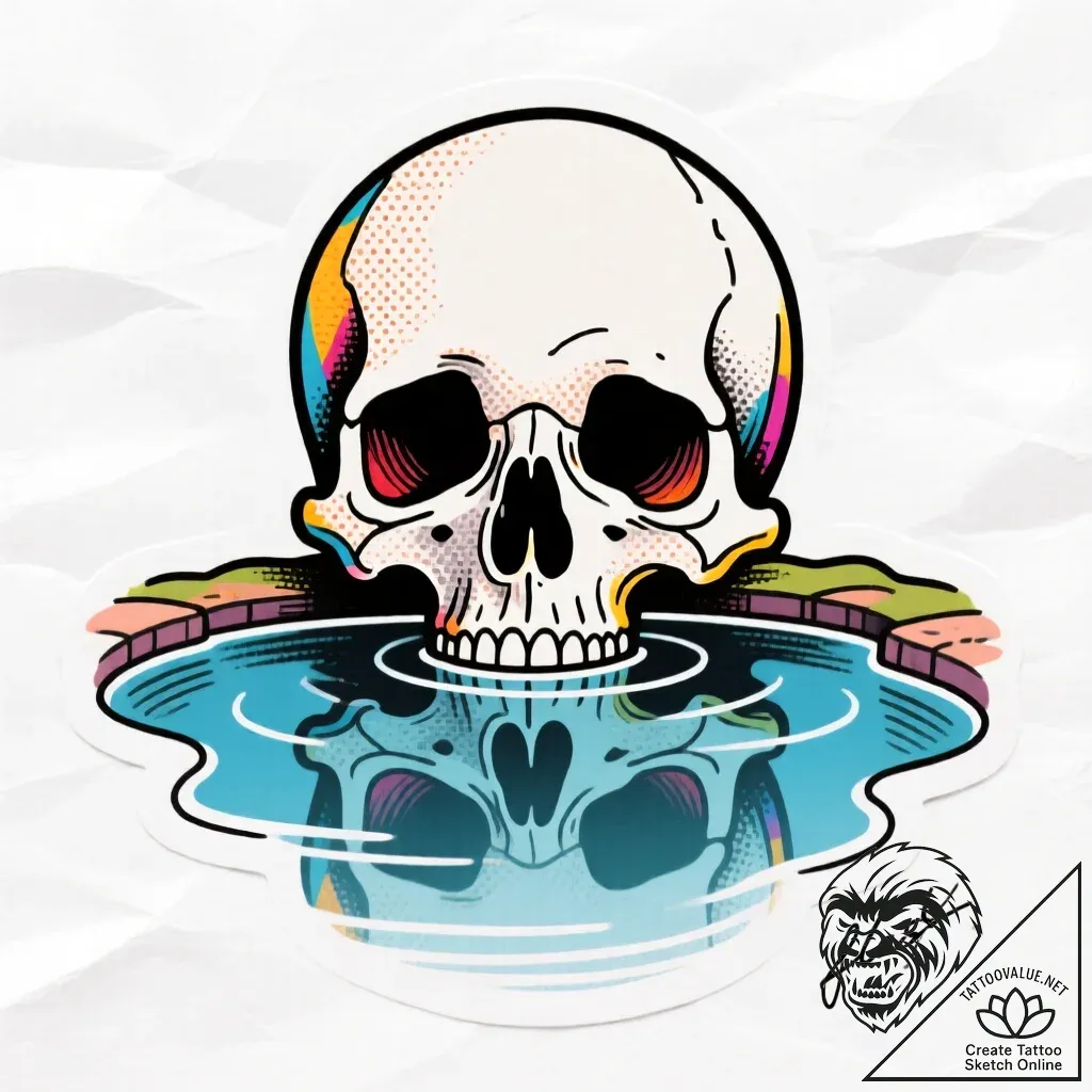 Mirror pool reflecting bone face, tattoo flas... - style Flux Inscriptions - tattoo sketch (24.11.2025 04:46)