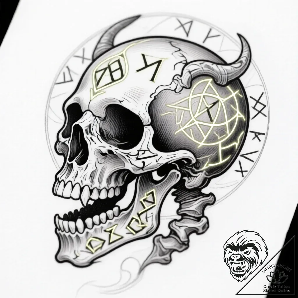 Tattoo sketch, fantasy skull with glowing run... - style Flux Inscriptions - tattoo sketch (24.11.2025 05:34)