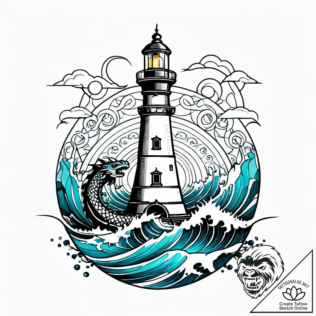 Kraken circling lighthouse in storm, tattoo f... - style Jagger Old - tattoo sketch (24.11.2025 05:43)