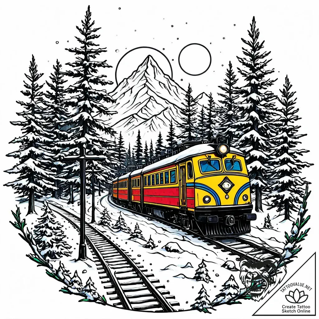Tattoo sketch, snow-covered trees along railw... - style Jaeger Mini - tattoo sketch (24.11.2025 06:03)