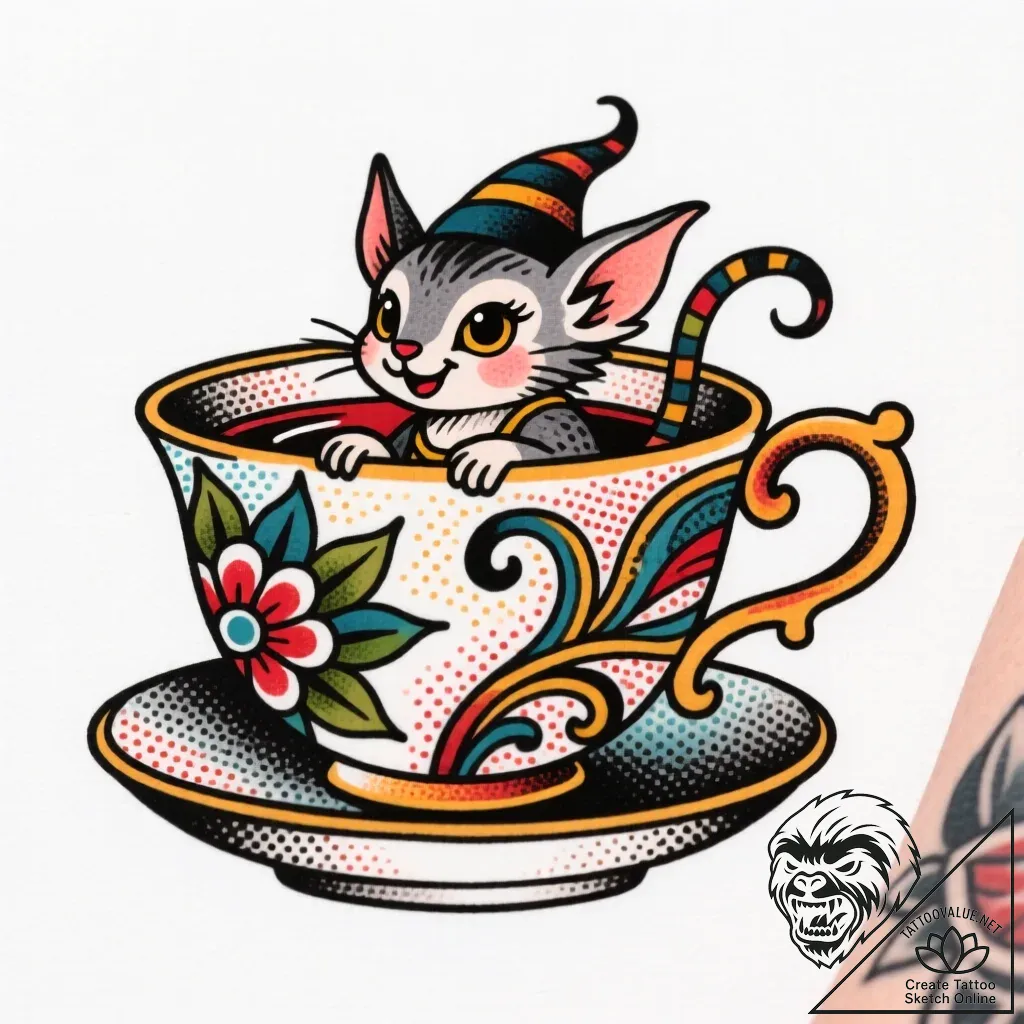 Tattoo sketch a stylized teacup with a whimsi... - style Flux Inscriptions - tattoo sketch (24.11.2025 06:35)