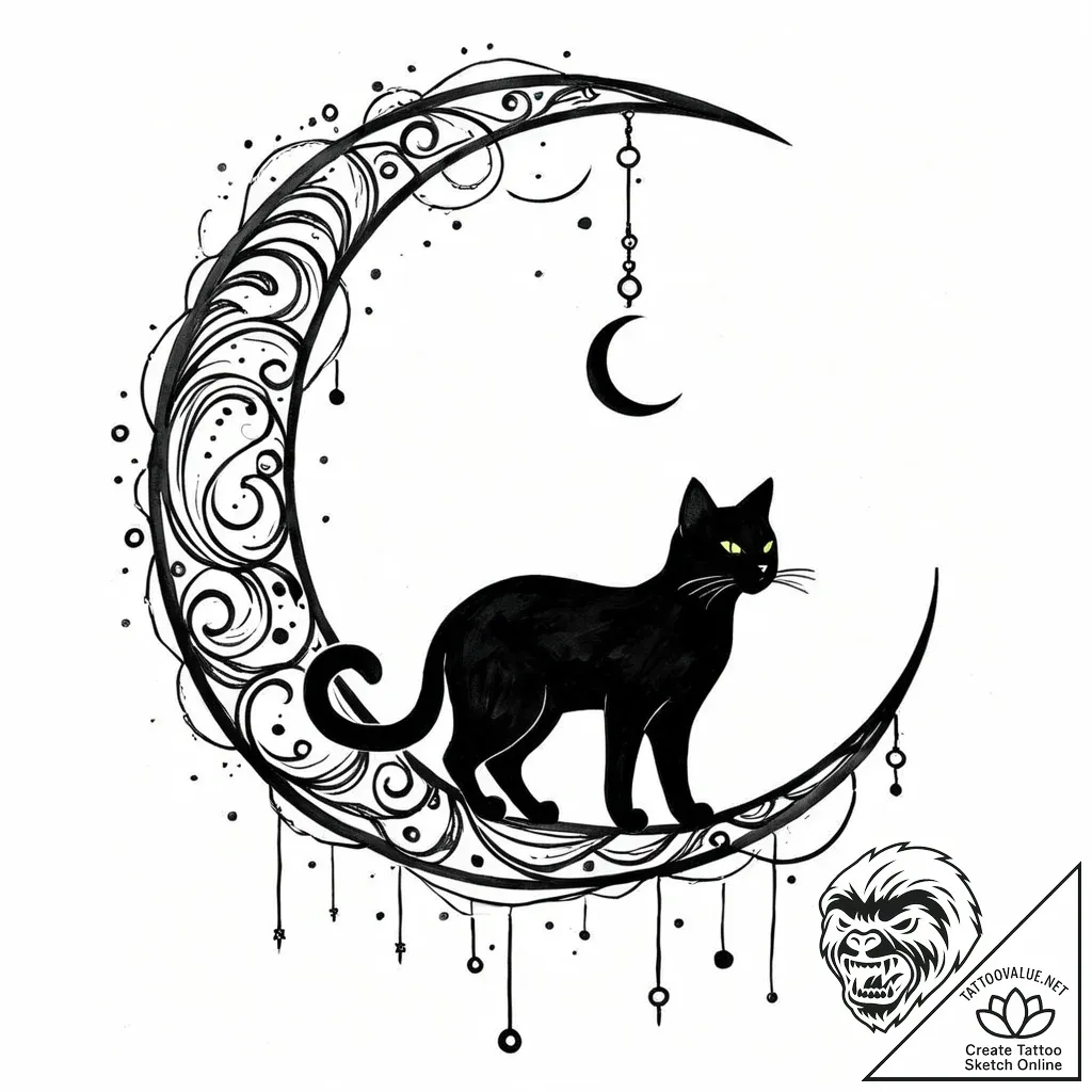 A mystical black cat with glowing eyes, sitti... - style Jaeger Mini - tattoo sketch (24.11.2025 06:52)