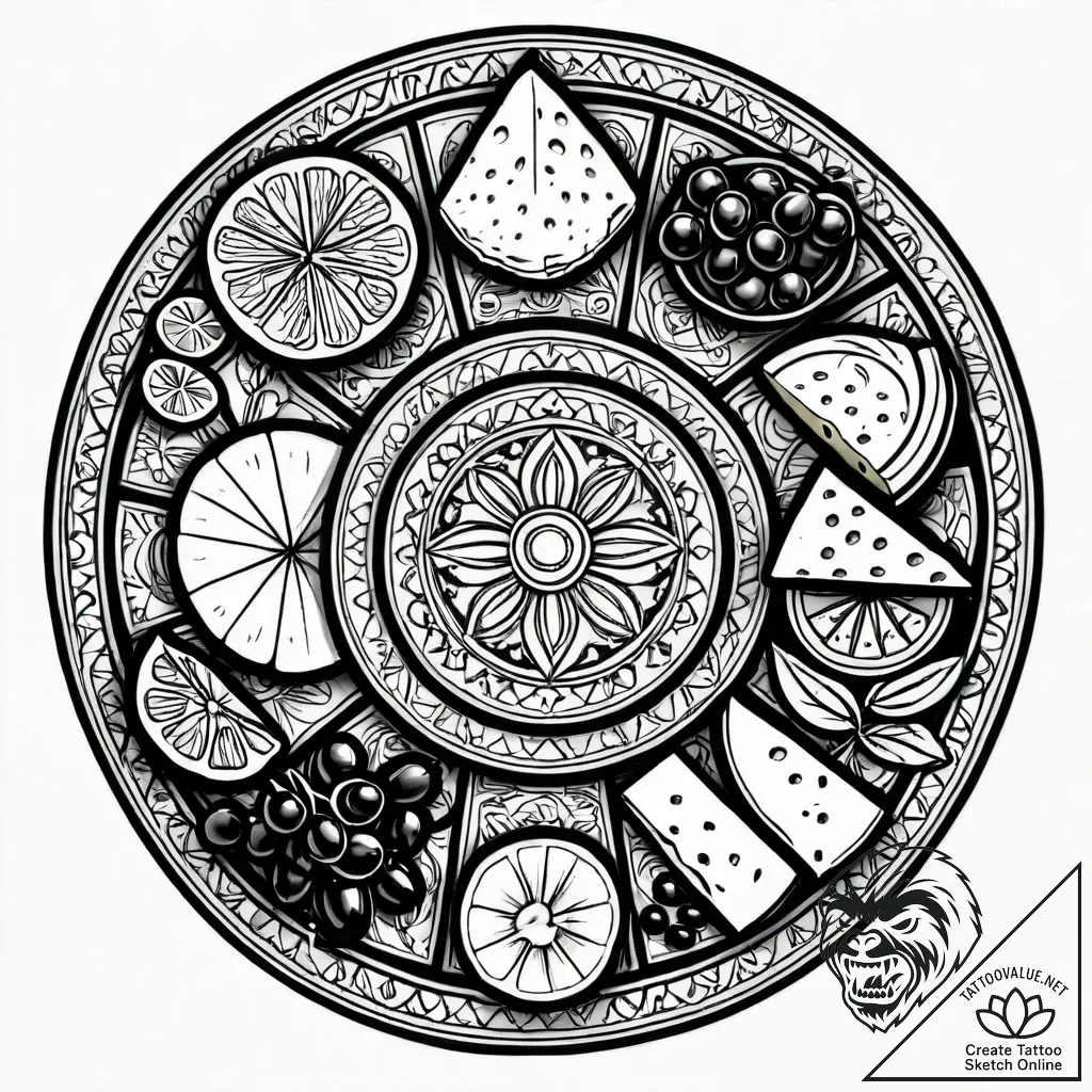 A charcuterie board with a variety of cheeses... - style Jagger Old - tattoo sketch (24.11.2025 07:19)